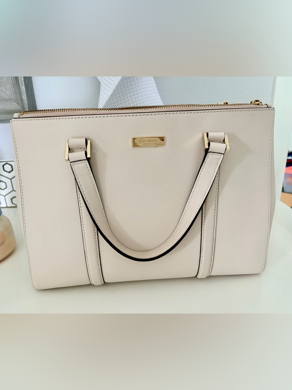 kate spade Cream Saffiano Leather Satchel with Gold Hardware